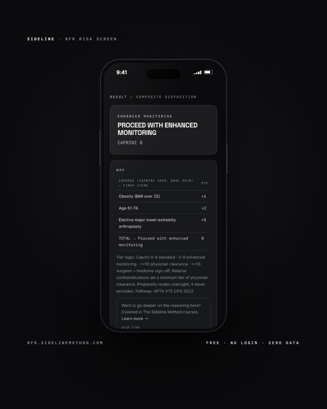The free BFR Risk Screen on an iPhone showing a scored Caprini result with its work shown